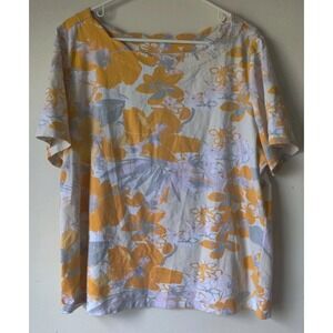 Coral Bay Women's Short Sleeve Gray/Yellow Floral Print Cotton Blend Size 1X